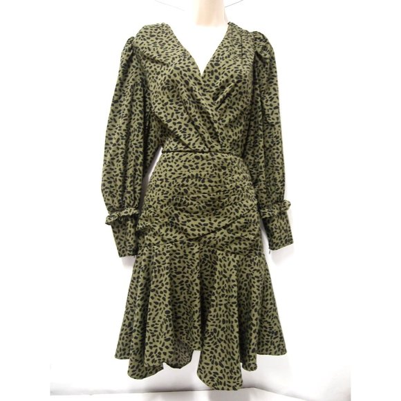 Walter Baker Womens Dress 4 Olive Green Animal Spot Long Sleeve Pleated Wrap - Picture 1 of 8